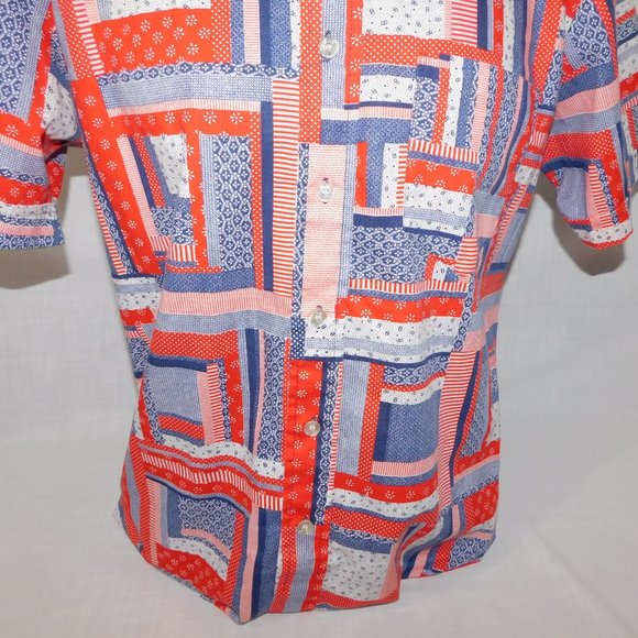 VTG Doug's Leisure Wear Mens L Red white blue Patchwork Look Button front Shirt - Picture 4 of 11